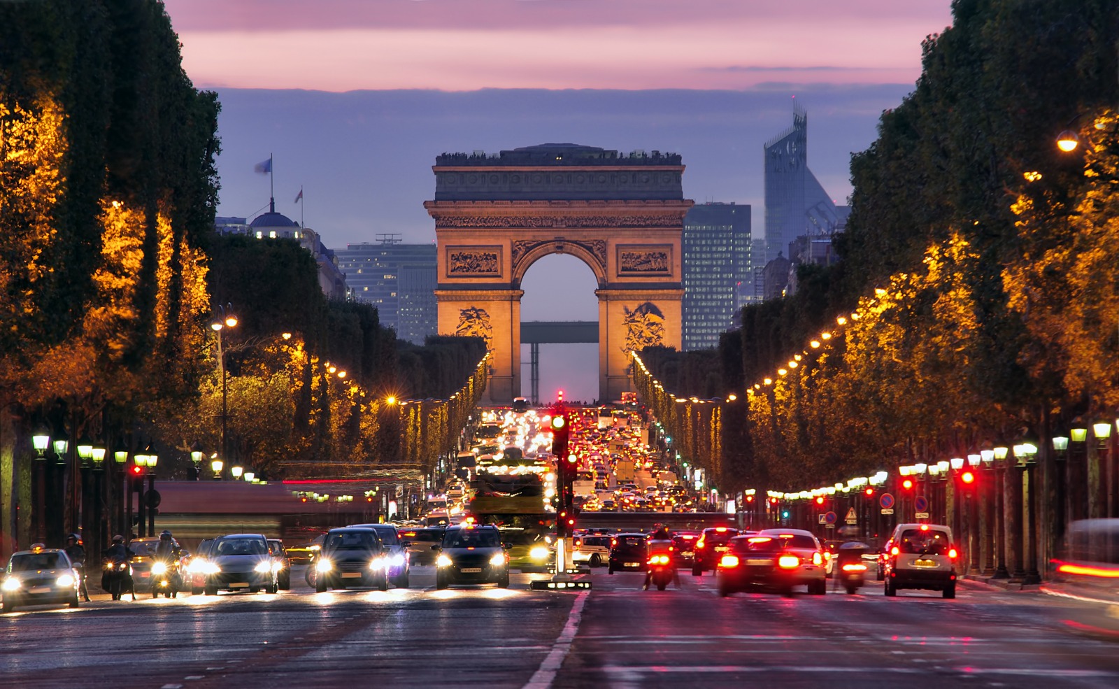 Champs-&Eacute;lys&eacute;es and Arc de Triomphe at dusk