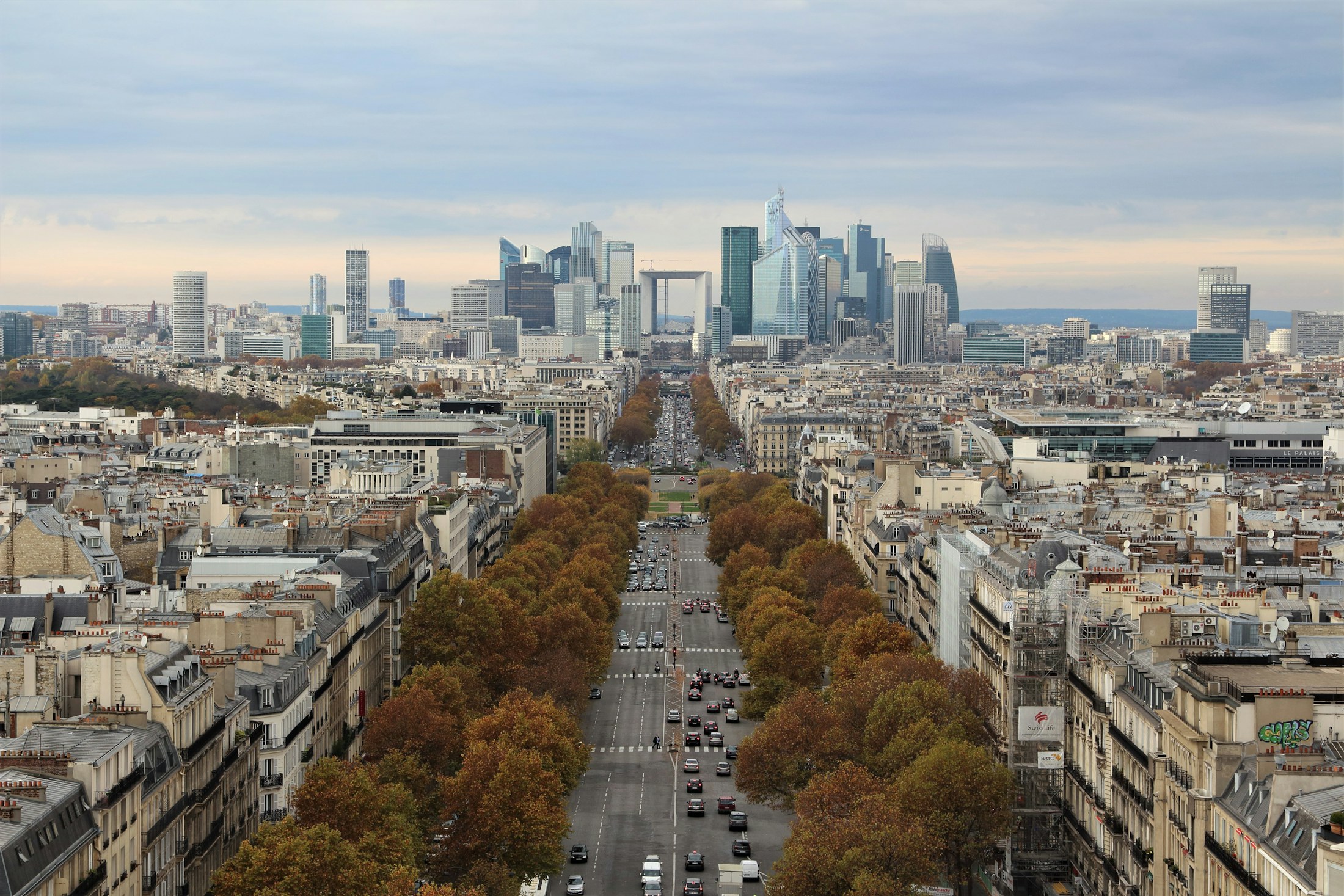Modern architecture in La D&eacute;fense, Paris, at golden hour